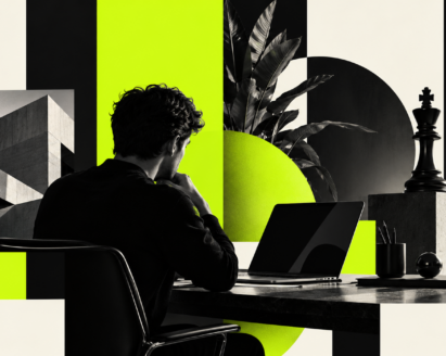 Minimalist black-and-white editorial composition with acid-lime geometric shapes representing digital strategy and AI search