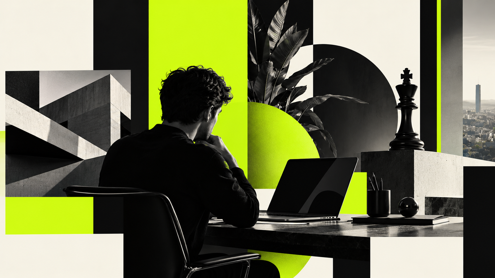Minimalist black-and-white editorial composition with acid-lime geometric shapes representing digital strategy and AI search